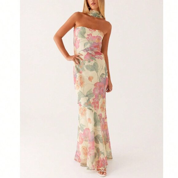 Pink Elegant Women's Floral Strapless Dress Y2k Backless Sleeveless Tube - Picture 3 of 7